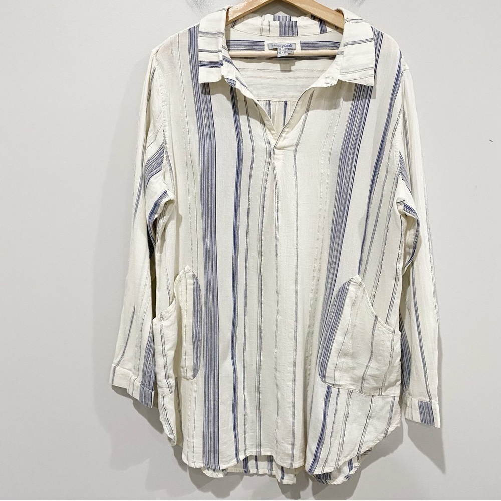 CARBON 2 COBALT Striped Tunic Pockets 100% Cotton Lightweight Beachy Size Large